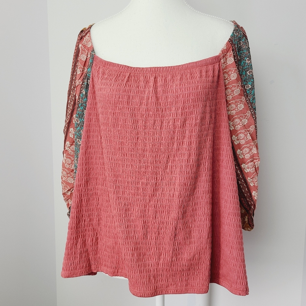 W5 Pink Blouse 3/4 Sleeves Relaxed Smocked Style Square Neck, sz 2XL